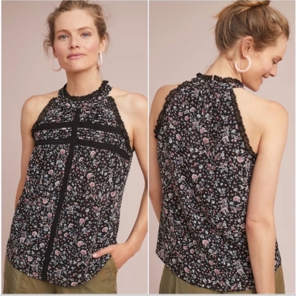 Anthropologie Maeve Ashley Top Floral Black Ruffle Size XXS - Picture 1 of 7